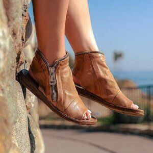 A.S.98 Ritchie Flat Sandals Peep Toe Bootie EU 36 5.5 6 Camel Leather Zipper NEW